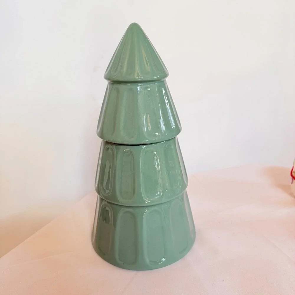 DesignPac Sage Green Ceramic Christmas Tree Cookie Jar Canister Holiday Decor